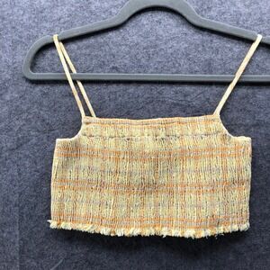 Zara Smocked Crop Cami Top Womens M Yellow Plaid Bralette Fringe Hem Fitted